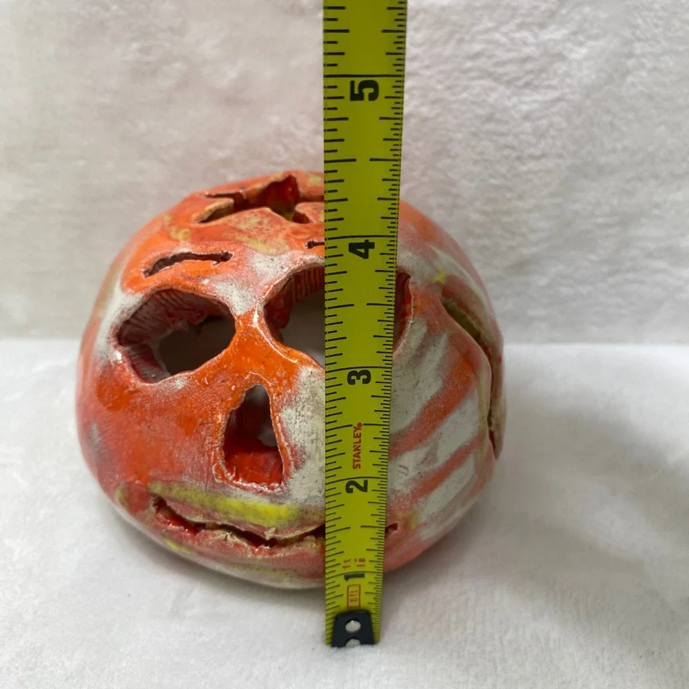 Handmade‎ Ceramic Ugly Face Jack-O-Lantern  Candle Holder Orange Glazed Folk Art